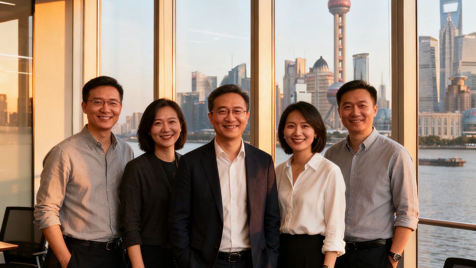 XPJ集团创始团队五人在上海外滩办公室的合影，背景是透过落地窗可见的黄浦江景，团队成员面带微笑，着装简约得体，展现出专业而亲和的企业形象。
