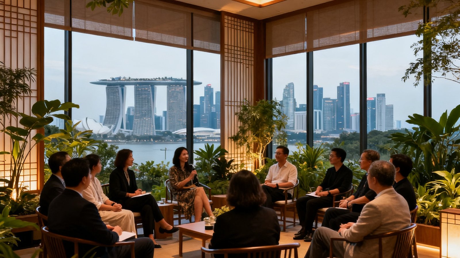 镜界会客厅在新加坡举办的首场沙龙活动，嘉宾们在充满绿植的室内空间围坐交谈，窗外是新加坡城市天际线，室内设计融合了东方美学与现代简约风格。